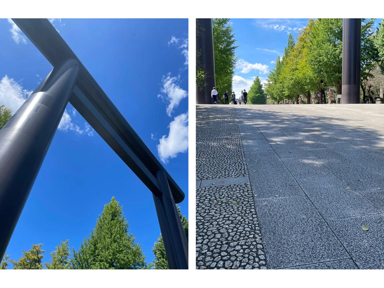 左／下から見上げてみました。右／誰もが歩きやすい、お散歩向きの石畳の参道。
