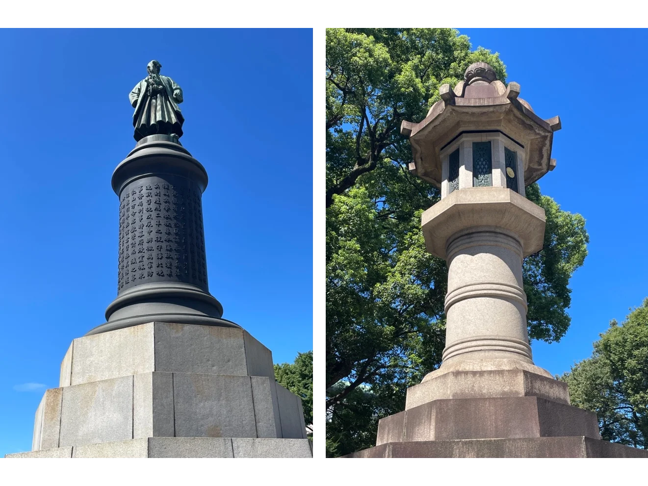 参道途中の立ち止まりスポット。大きさも目を引く、大村益次郎像（左）と灯籠（右）。